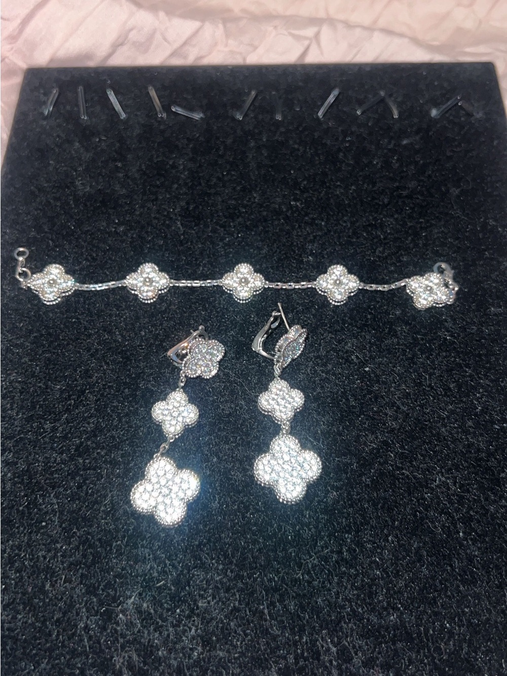Silver Floral Pave Clover Bracelet and Drop Earrings Set